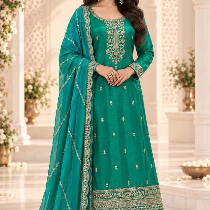 Teal Green Embroidered Palazzo Suit